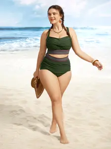 Plus Size Twist Front Swimsuit Tank Top - High Stretch Nylon Blend, Patchwork, Tummy Control, Skinny Fit, Summer Turn-Up, Removable Cups, Woven Trim, Sporty Rashguards, 2026 Mother's Day Pick [M-6X],summerwins,Spotlight,Summer wins,Deals for your days