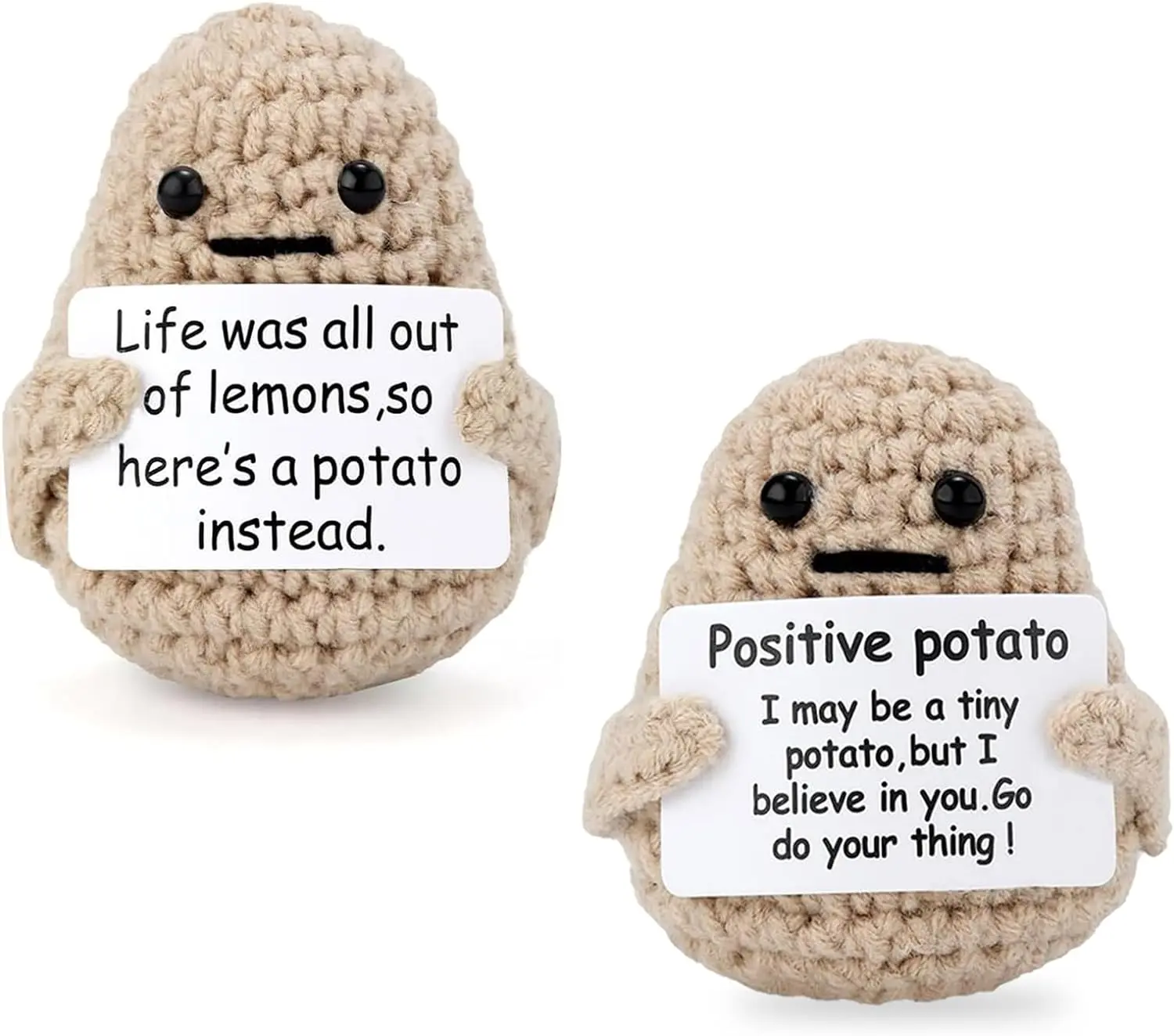 Mini Funny Positive Potato — a 3-inch hand-crocheted doll that comes with a positive message card. Perfect for cheer-up gifts, party favors, and cute decorations