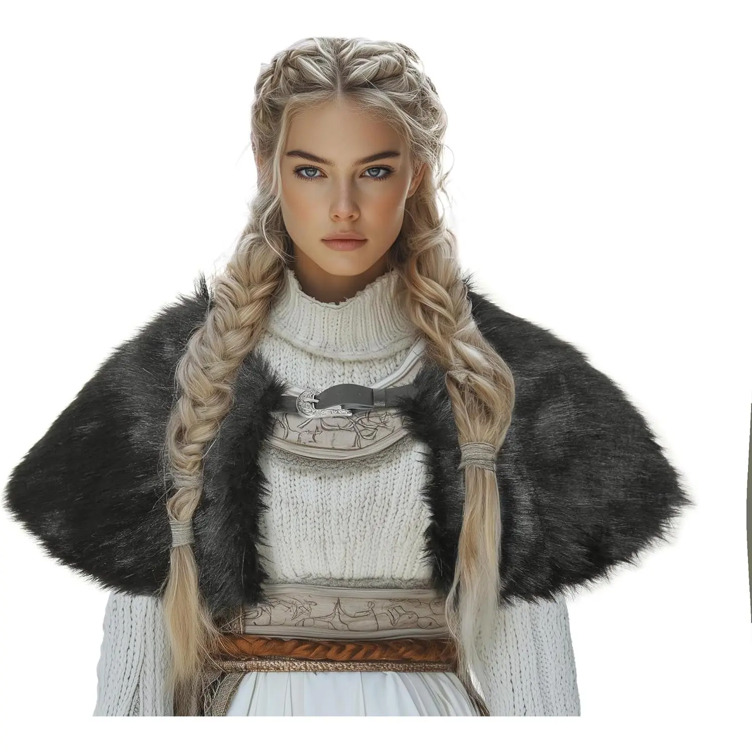 Women's Medieval Viking Fantasy Cloak with Luxurious Gray Faux Fur Trim, Adjustable Historical/Period Larpers' Halloween Performance Accessory (Black)