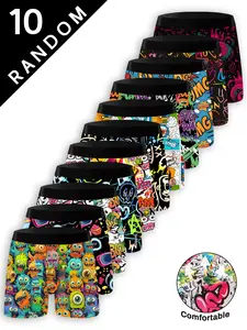 Random 10 Pack Funny Cartoon Digital Print Men's Underwear, Breathable Comfort Fitted Boxer Briefs Set, Casual All Seasons Gift