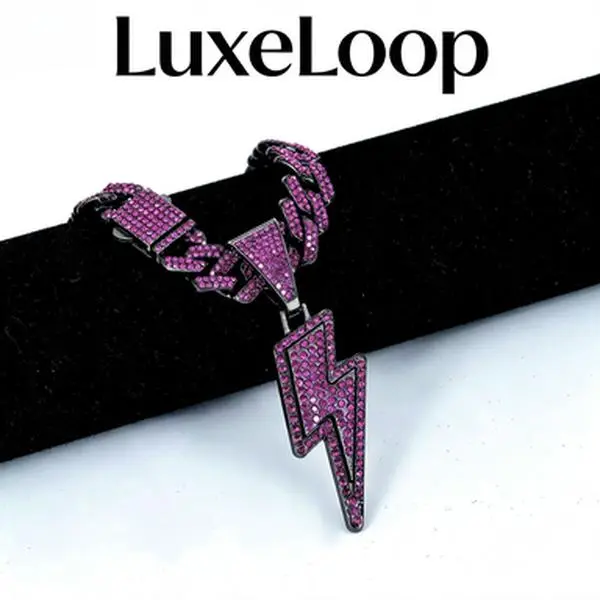 LuxeLoop Purple Iced Out Lightning Bolt Pendant Necklace, Full Paved Cubic Zirconia Lightning Charm with Miami Cuban Chain, Black Tone Hip Hop Streetwear Jewelry, Unisex Trendy Statement Accessory Gift for Men Women,feminine,