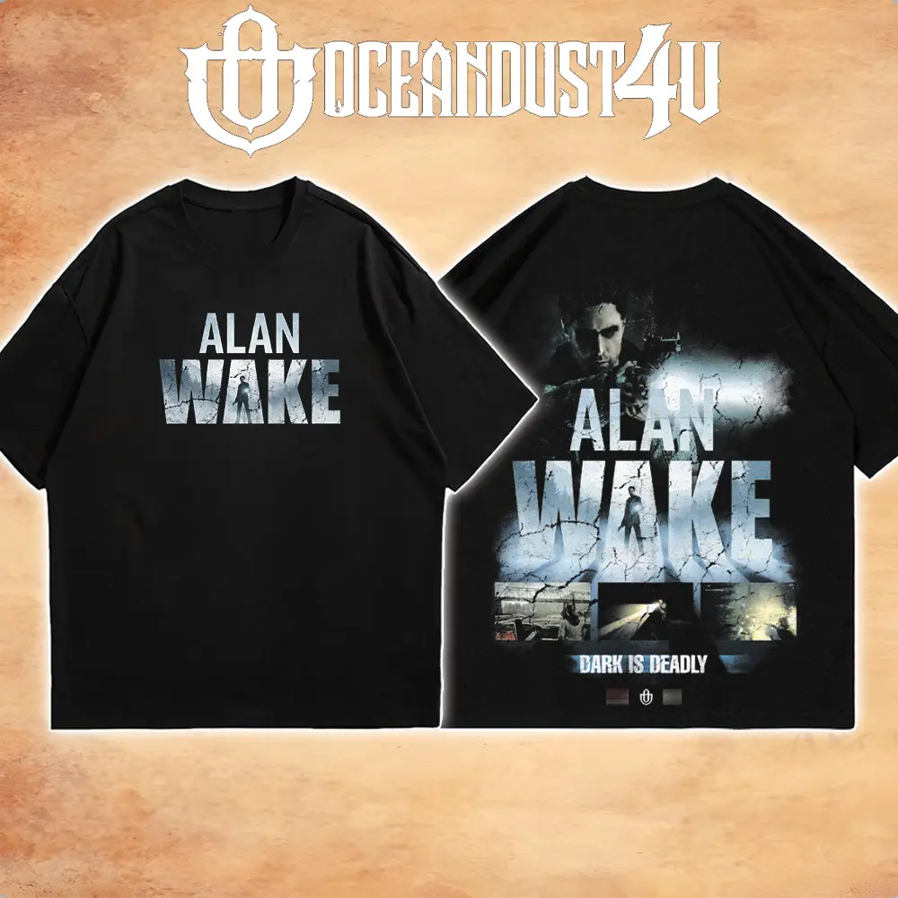 OceanMOB4U Alan Wake Dark Is Deadly Black T-Shirt, Front and Back Psychological Horror Graphic Gaming Tee, Action Adventure Video Game Shirt, Unisex Gamer Gift