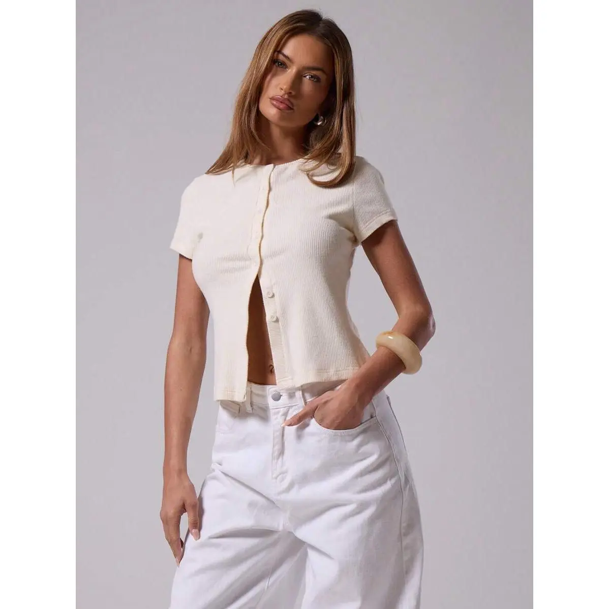 MUSERA Ribbed Crew Neck Button Through Short Sleeve T-Shirt Cute Everyday Airport Holiday Fall Back To School Autumn Winter