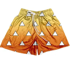 Zenitsu Agatsuma Anime Shorts Brown Unisex Sports Double-Layered Inner Shorts Full Print Drawstring Design Men Women Mesh Basketball Shorts 4 Pockets 5.5 Inseam