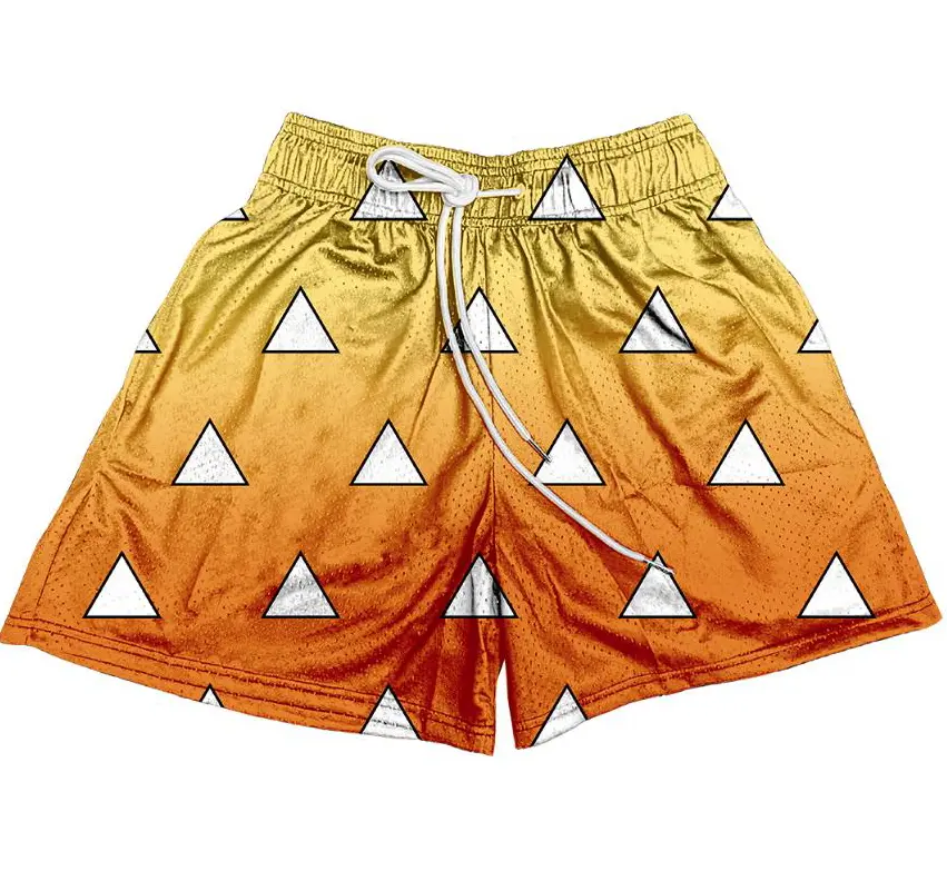 Zenitsu Agatsuma Anime Shorts Brown Unisex Sports Double-Layered Inner Shorts Full Print Drawstring Design Men Women Mesh Basketball Shorts 4 Pockets 5.5 Inseam