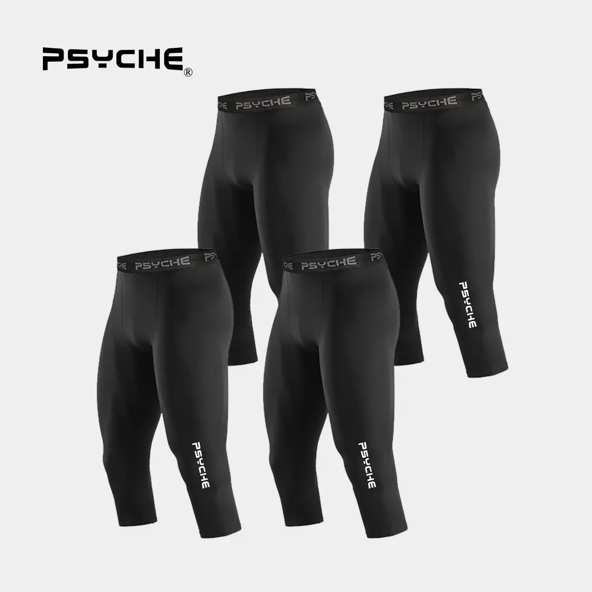 PSYCHE 4-Pack Men’s 3/4 Compression Pants – Compression Underwear for Gym, Workout, Running, Basketball, Squat-Proof, Sweat-Wicking, and Ultra-Breathable