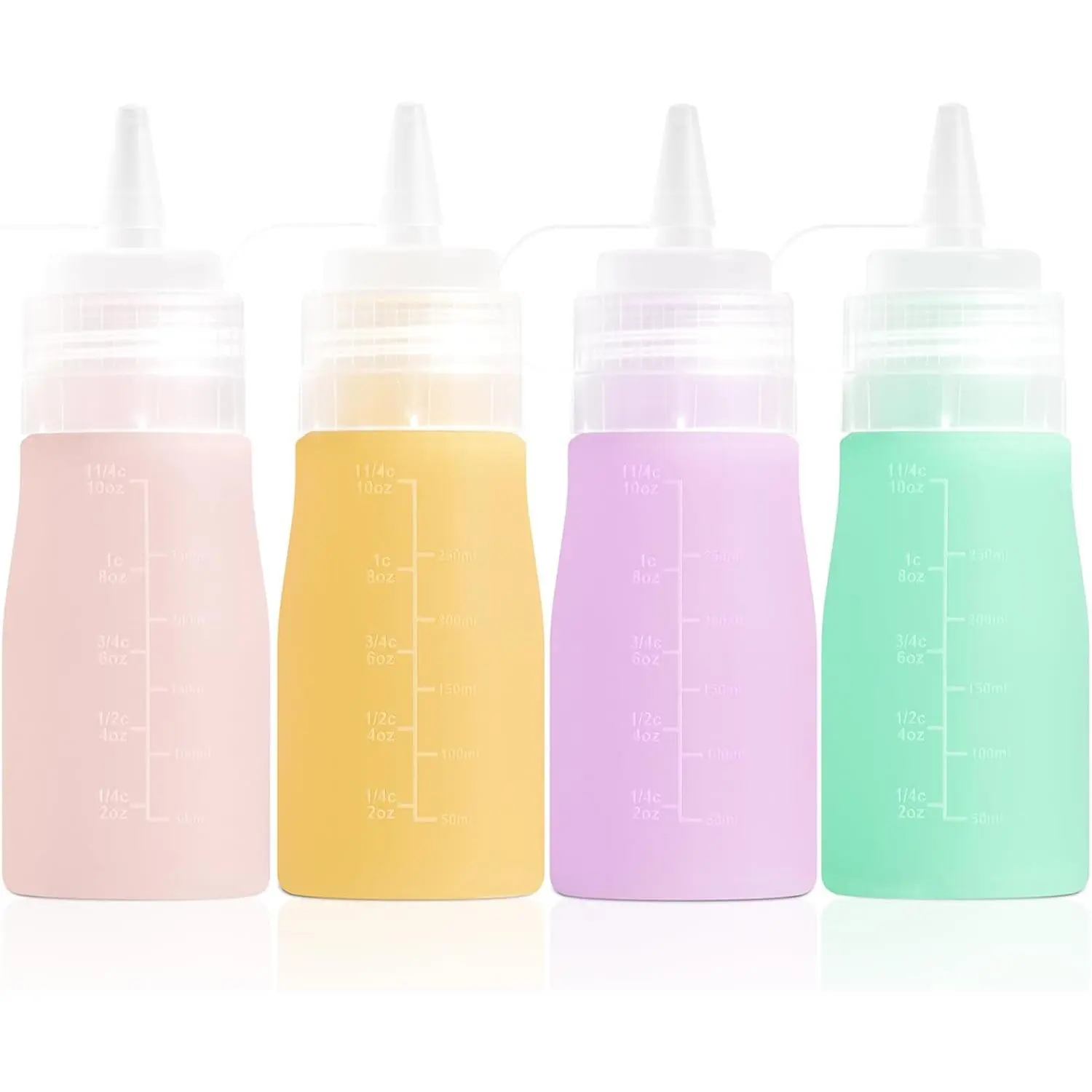 12oz Silicone Squeeze Sauce Bottles, Leak Proof Refillable Condiment Dispensers, Extra Interchangeable Nozzle Lids, Easy Squeeze for Oil Honey Salad Dressings Seasonings, Food Grade BPA Free Kitchen Containers, 4 Pack