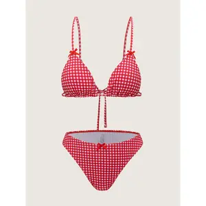 Red Plaid Bow Bikini Set Bikini Stereo Decoration Romantic Elegant Style Ultra Breathable Fabric Women Beach Party Holiday Swimwear Design Hide Abdominal Fat Soft Stretch Fabric Fit All Body Shapes Resort Leisure Bathing Wear