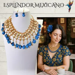 Mexican Artisanal Flower Necklace Jewelry Set/Palm and Talavera Clay Jarritos Necklace & Earrings/Latina Style/Handmade in Mexico/Blue/Gift