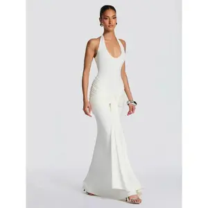 2026 Spring Summer New Ribbon Patchwork Halter Long Dress, Solid Color Fashion U-Neck Sleeveless Waist-Cinch Evening Gown, Ideal for Beach, Dates, Parties, Weddings, Performances, Coming-Of-Age Events