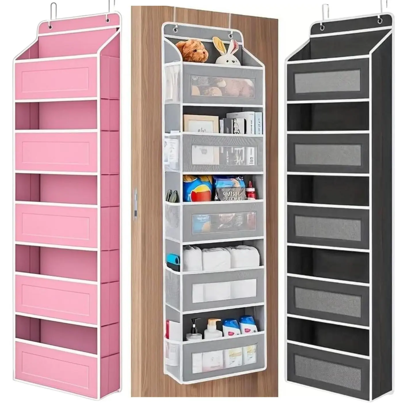5 Tier Over The Door Organizer - Large Capacity Behind Door Hanging Shelves with  Mesh Pockets and Clear Windows, Closet Organizers and Storage for Bathroom, Bedroom, Nursery, Grey 5-tier storage box Heavy-Duty Multi-Pocket Over-the-Door Five-Tier
