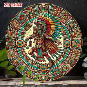 Flat Aztec Maya Calendar Metal Wall Art - Ancient Mesoamerican Tribal Design