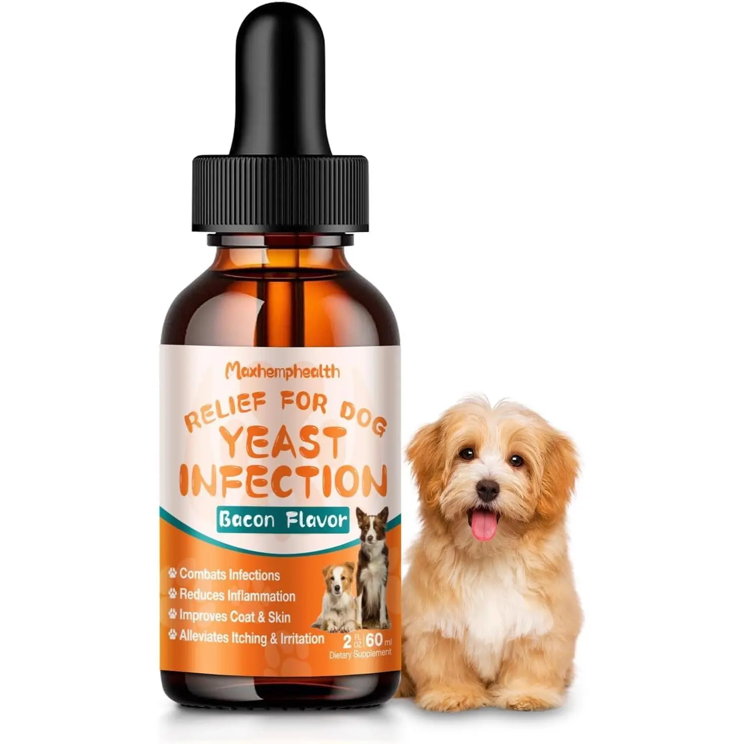 Yeast Infection Treatment for Dogs - Natural Yeast Relief for Dogs - Anti-Yeast Drops for Itchy Ears, Paws & Skin Allergy Relief, Herbal Supplement for Dog, 2 FL OZ Bacon Flavor