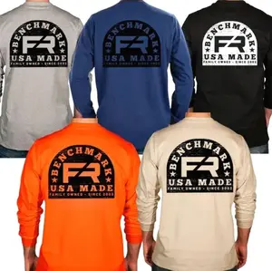 Benchmark Wood Stamp Flame Resistant Long Sleeve Shirt, Men's Graphic Workwear T-Shirt, Long Sleeve Tee clothing IJN BUT