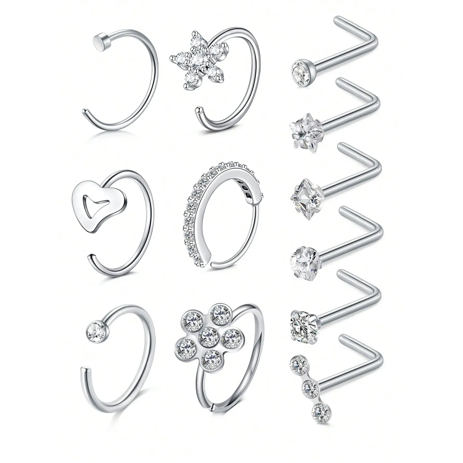12Pcs 20G Nose Rings Hoop Studs Set, 316L Surgical Steel L-Shaped Nose Studs, CZ Heart Star Flower Nose Piercing Jewelry for Women Men, Hypoallergenic Nose Ring Kit