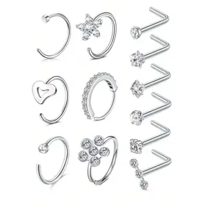 12Pcs 20G Nose Rings Hoop Studs Set, 316L Surgical Steel L-Shaped Nose Studs, CZ Heart Star Flower Nose Piercing Jewelry for Women Men, Hypoallergenic Nose Ring Kit