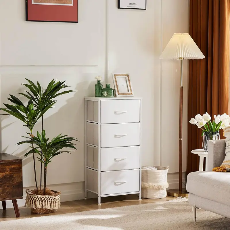 MyDepot 4-Drawer Fabric Dresser Organizer with Wooden Top - Steel Base Drawers and Cabinets, Rectangular, Easy-Pull Design, Lamp Shelf, Wipes Clean with Damp Cloth, Modern Apartment & Cabinet Bedroom Furniture, Nursery Use