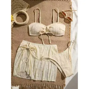 Sexy Drawstring Side Skirt 3 Piece Bikini Set Women Beige Front Bandage Push Up Bra Thong Swimsuit Beach Bathing Suit Swimwear