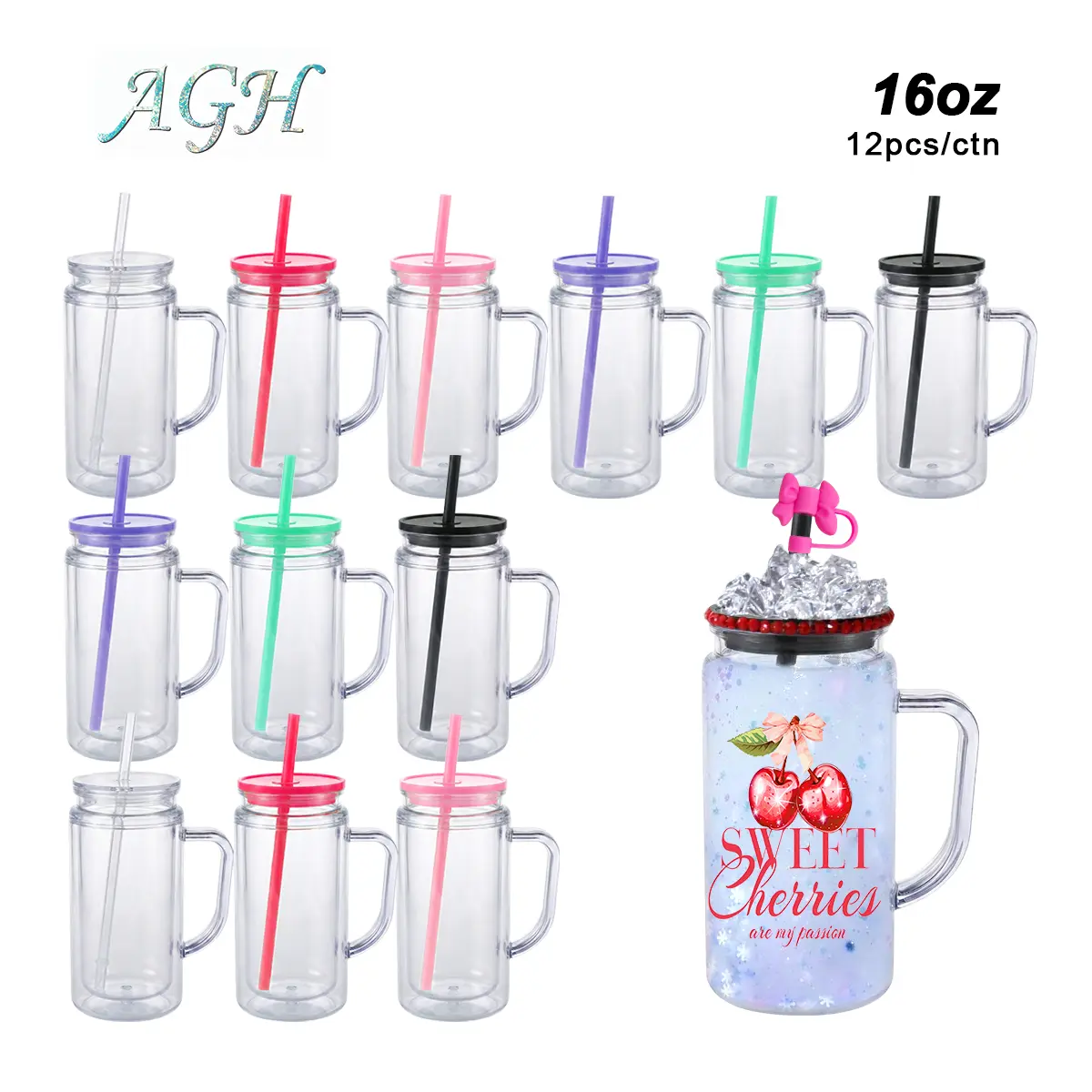AGH 12pcs 16oz Double Wall Plastic Handle Tumblers Sonw Globe Cups with Color/Clear Lid & Straw with Pre Drilled Hole Plug Water Bottles