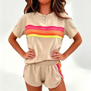 Apricot Rainbow Stripe Womenswear Short Sleeve 2-Piece Set for Women, Summer Casual Outfit Daily Wear, Skin-Friendly Breathable Elastic Comfortable Loungewear Streetwear Tracksuit, Trendy Essential Women's Clothing Set for Vacation Beach Daily Outings