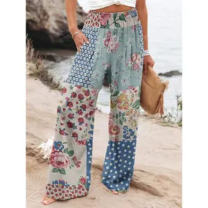 Women's Flowy Pants Summer Collection - Fashion Print Boho Trousers With Elastic Waist & Drawstring, Tropical Jungle Print Wide Leg Beach Pants For Vacations, Lightweight Breathable Casual Boho Chic Resort Wear