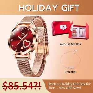 OLEVS Women's L5189 Rose Gold Mesh Quartz Watch 30m Waterproof Heart-Design Round Dial Red Heart Gift Box Set with Bracelet Stainless Steel Wristwatch