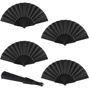 4 count Black Handheld Folding Fan, Decoration Fold Hand Fan Nylon Cloth Chinese Fan for Party Favors, Dancing, DIY Decoration