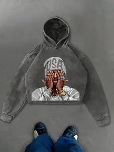 New American Style Boy Print Hoodie Unisex Streetwear Cotton Fitted Short Design Spring Autumn Fashion Medium Thick Fabric Casual Sweatshirt Hoodie