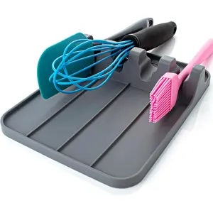 Utensil Rest and Spoon Holder, Heat Resistant Kitchen Spoon Rest for Multiple Utensils, Dishwasher Safe Drip Pad for Spatulas, Tongs, Ladles, and Spoons (Cool Gray)