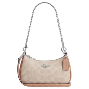 COACH Teri 19 Logo Zipper Closure Crossbody Shoulder Bag in Small Size for Women, Featuring Artificial and Recycled Leather in Beige Color
