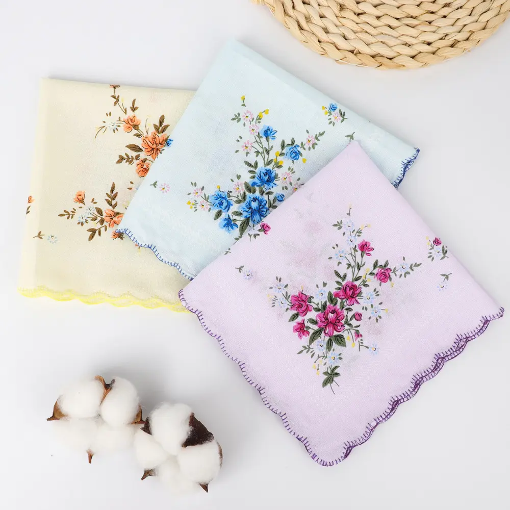 Women's 6Pcs 100% Cotton Handkerchiefs - 11x11 in, Beautiful Floral Design, Embroidered Wavy Edge, Absorbent, Hand Wash - Home Improvement Essentials for Mother of the Bride, Mother's Day