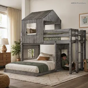 ARCH Weathered Grain Farmhouse Solid Pine Twin Over Full Bunk Bed - Child-Friendly House-Shaped Bed with Playhouse, Ladder, Guardrails, Square Windows, 6" Upper Mattress Support, Antique Gray, Easy Assembly (Old SKU: LT000327AAE), Child-Friendly Beds, Hou