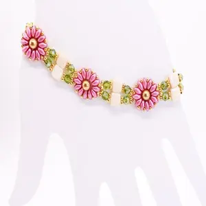 Chic Brico Pink, Gold, Green & Ivory Daisy Block Link Bracelet