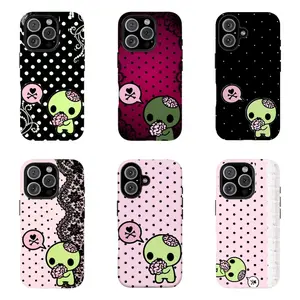 FL-Y2k Kawaii Em0 Z0mb1e Phone Case,Pink Black Polka Dot Skull Pattern Protective Cover For iPhone 11 12 13 14 15 16 17 Air Pro Max for Samsung S26 S25 S24 S23 S22 S21 Case,Gift for her/him