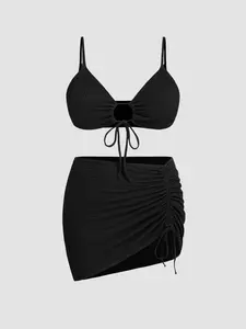 Cider Crinkle Fabric Shaping V-neck O-ring Triangle Bikini Set With Drawstring Sarong Curve & Plus