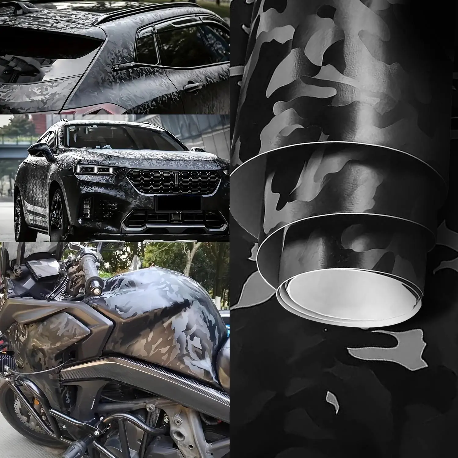 Stealth Pattern Car Vinyl Wrap Roll, Bubble Free Car Motorcycle Wrap Stickers Decal, Anti Fouling Anti-wrinkle Styling Wrap Film, Moto Accessories