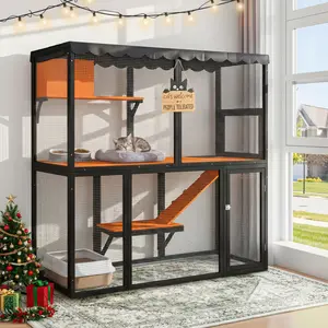 Aobtkel®Wooden Catio Outdoor Cat Enclosure Large Cat House for Mulitiple Cats Walk ,Indoor 4 Tier Cat Enclosures House ,  Outdoor Cat Catio with Waterproof Cover,Ramp#Summervibes