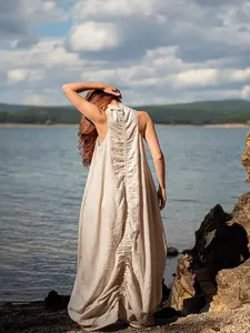 Stand Collar With Back Crinkle Linen Maxi Dress