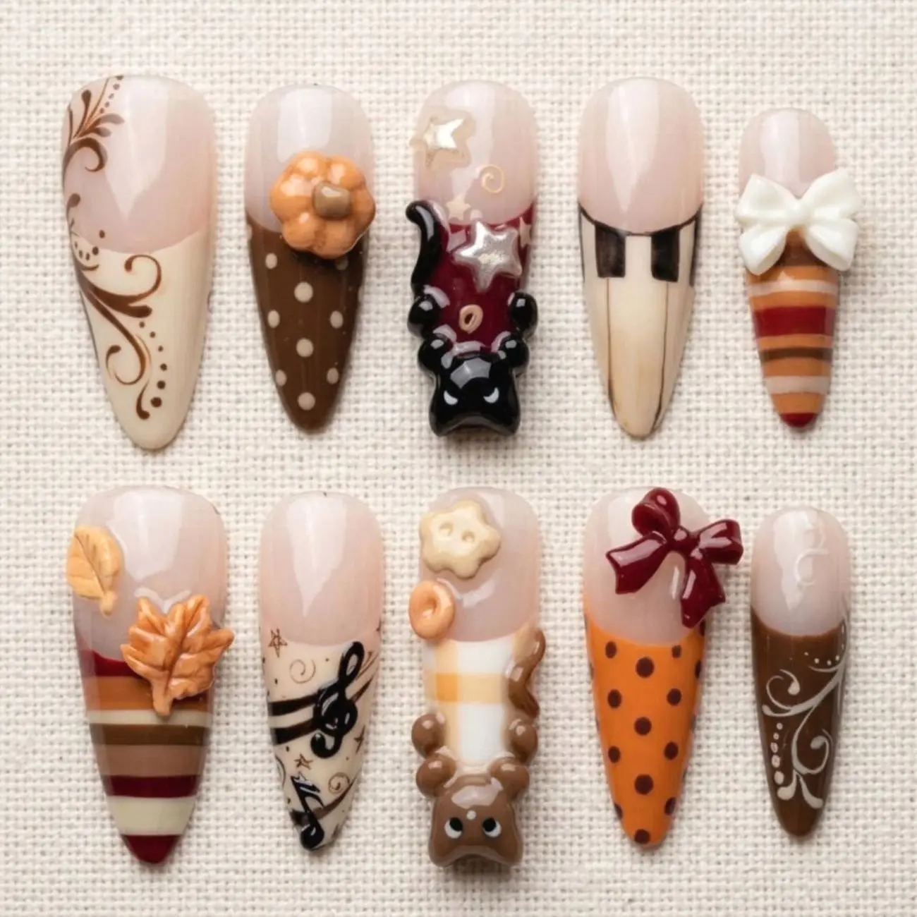 Cozy Autumn Press On Nails 3D Pumpkin Bear Bow Music Note Striped Brown Orange Fall Nail Art Set