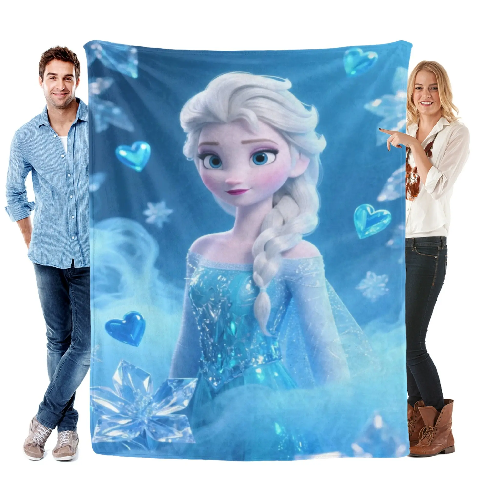 [SummerVibes] DISNEY CLASSIC Frozen Elsa Flannel Blanket, Vibrant 2D Print Blue Ice Heart Throw for Bed & Couch