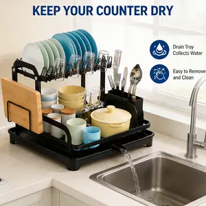 Multifunctional Dish Drying Rack with Drain Tray, Large Kitchen Counter Organizer for Plates, Bowls, Cups and Utensils cocina