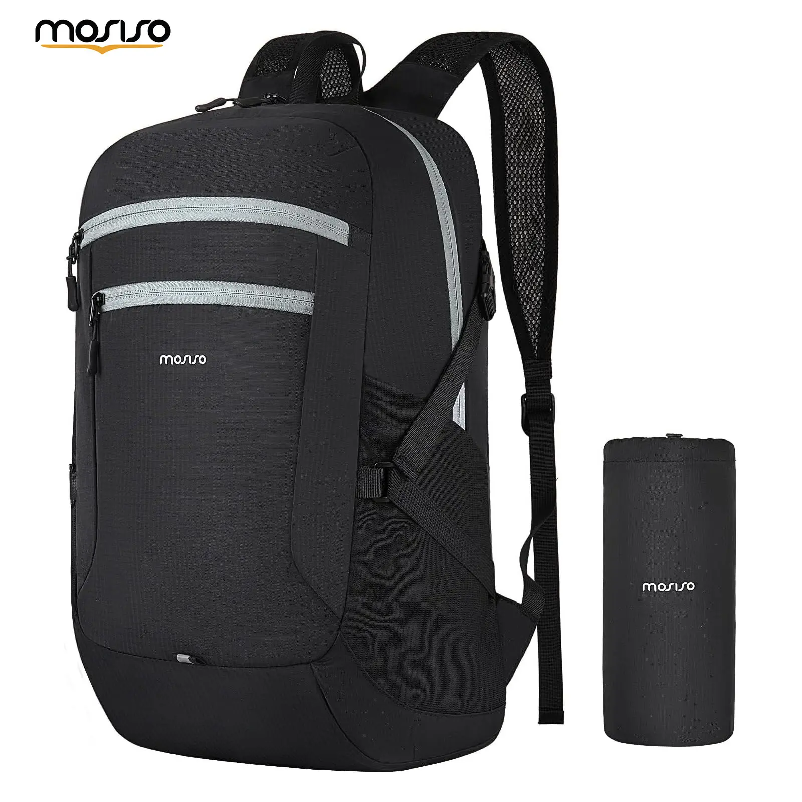 MOSISO 24L Packable Backpack, Lightweight Foldable Hiking Backpack with Water Resistant Design, Compact Travel Daypack for Camping, Cycling, Outdoor Sports & Daily Use, Black
