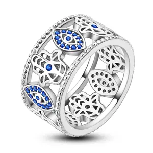 MULA Blue Evil Eye and Hand of Hamsa Ring, made of S925 silver-plated and cubic zirconia - a religious symbol design, wide version, is the perfect piece of jewelry that combines protection and style.