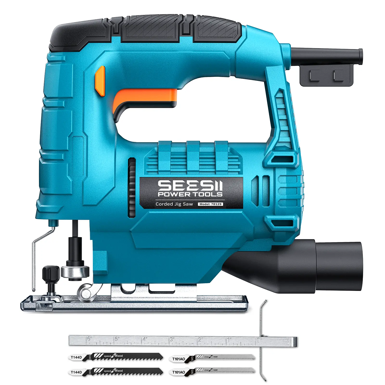 SEESII Corded Jig Saw, 3000 RPM Electric Jigsaw with 0-45° Bevel, 65mm Wood Cutting, Tool-Free Blade Change, 4 Blades, Parallel Guide, Dust Port for Wood Metal Plastic JS100