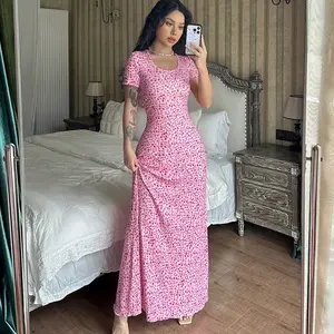 Fashionable printed U-neck back strap short sleeved dress