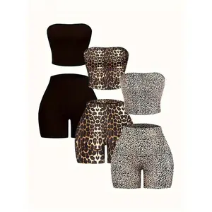 Women’s leopard print crop top and shorts set, casual, fashionable, comfortable, breathable two-piece everyday outdoor wear, summer women’s clothing, women’s apparel