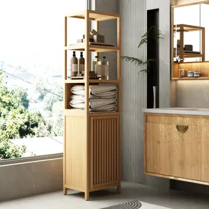 Modern Storage Tall Slim Natural Bamboo Cabinet with Shutter Door, 3-Tier Shelves, Freestanding Linen Tower, Organizer for Living Room, Bathroom, Three-Tier Shelf
