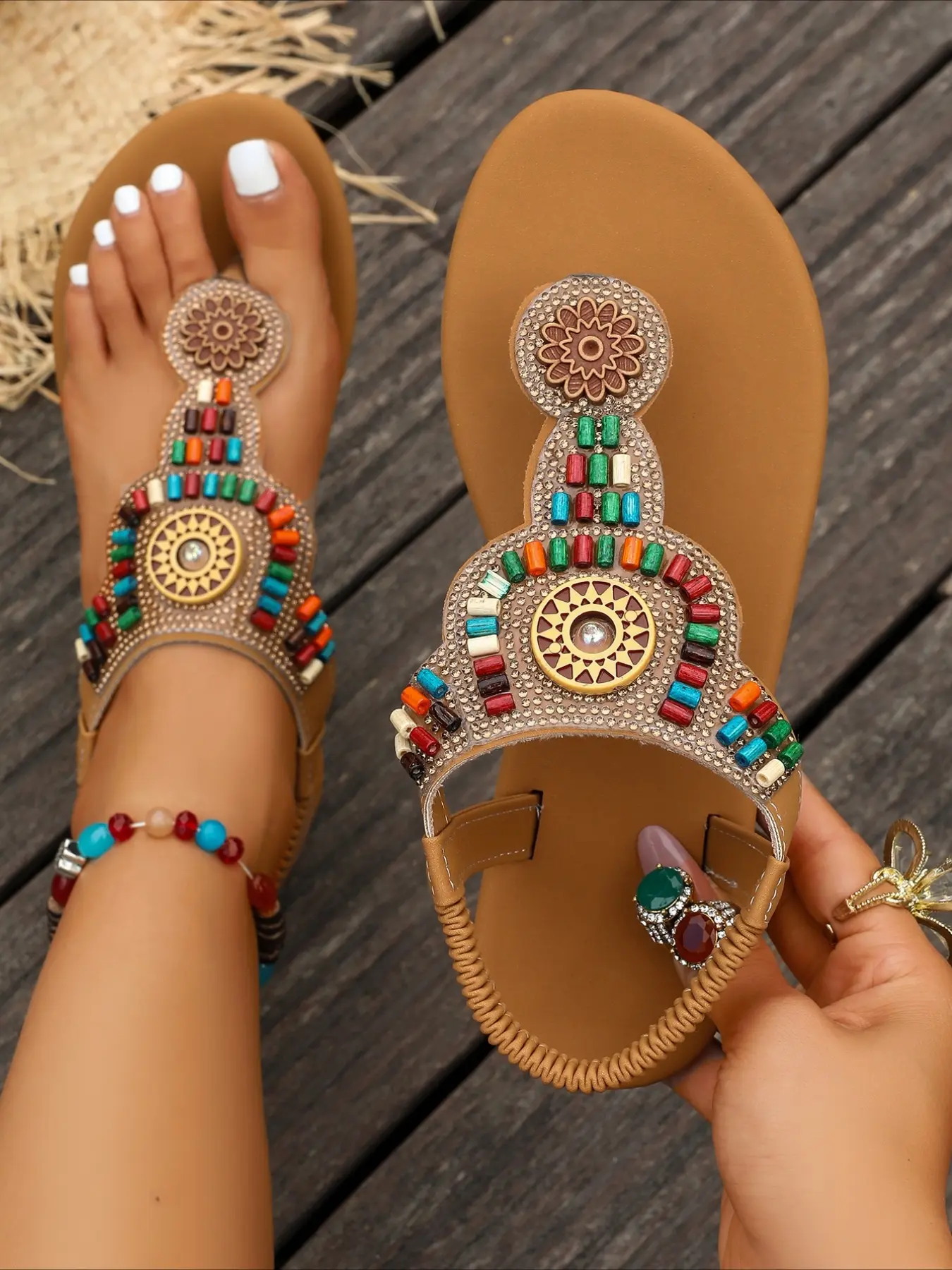 Bohemian Beaded Thong Sandals for Women, Ethnic Retro Flat Roman Shoes, Ethnic Style Sandals, Vacation Beach Sandals, Breathable Summer Sandals