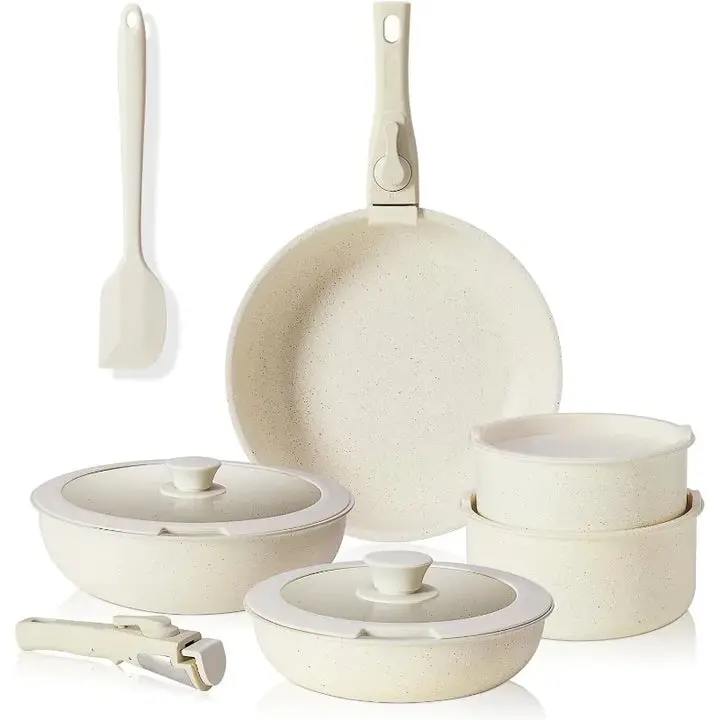 Granite Nonstick Cookware Set - Dishwasher Safe, Stackable Pots & Pans, PFOA-Free Coating, Detachable Handles for Easy Cleanup