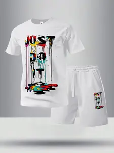 Men’s summer regular-fit cotton short-sleeve T-shirt and cotton shorts set featuring a “JUST DO IT” letter print and graffiti-style design. Fashionable casual menswear for going out, with pockets and an elastic waistband drawstring shorts. Two-piece set s